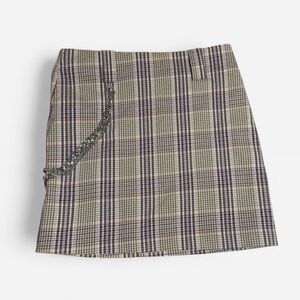 re:named Beige Plaid Mini Skirt with Chain Accent